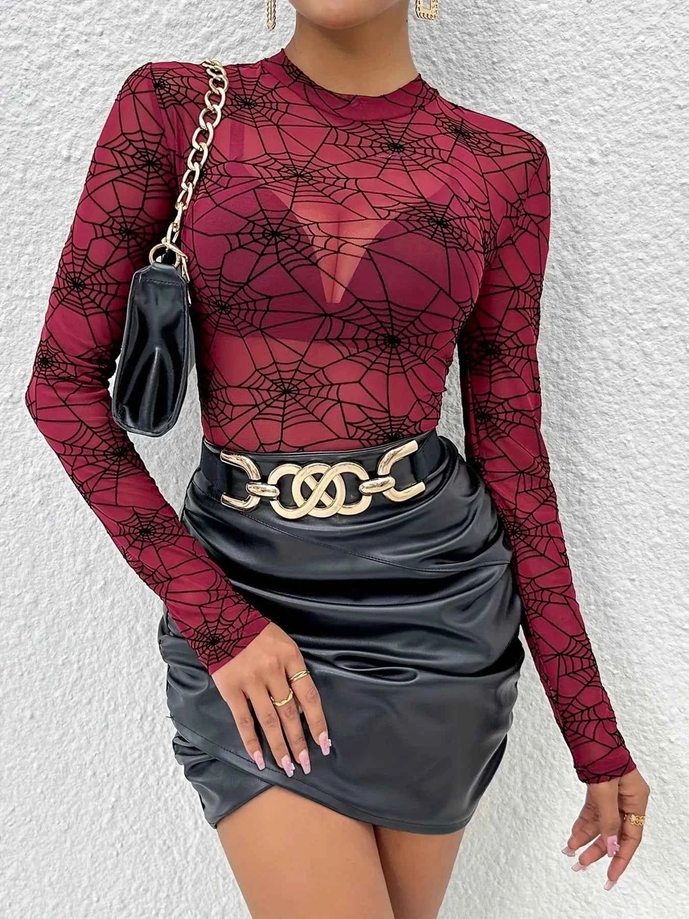 Spider Web Print Long Sleeve Blouse Burgundy ba859c018b154835af177e7bc369b462-Max-Origin