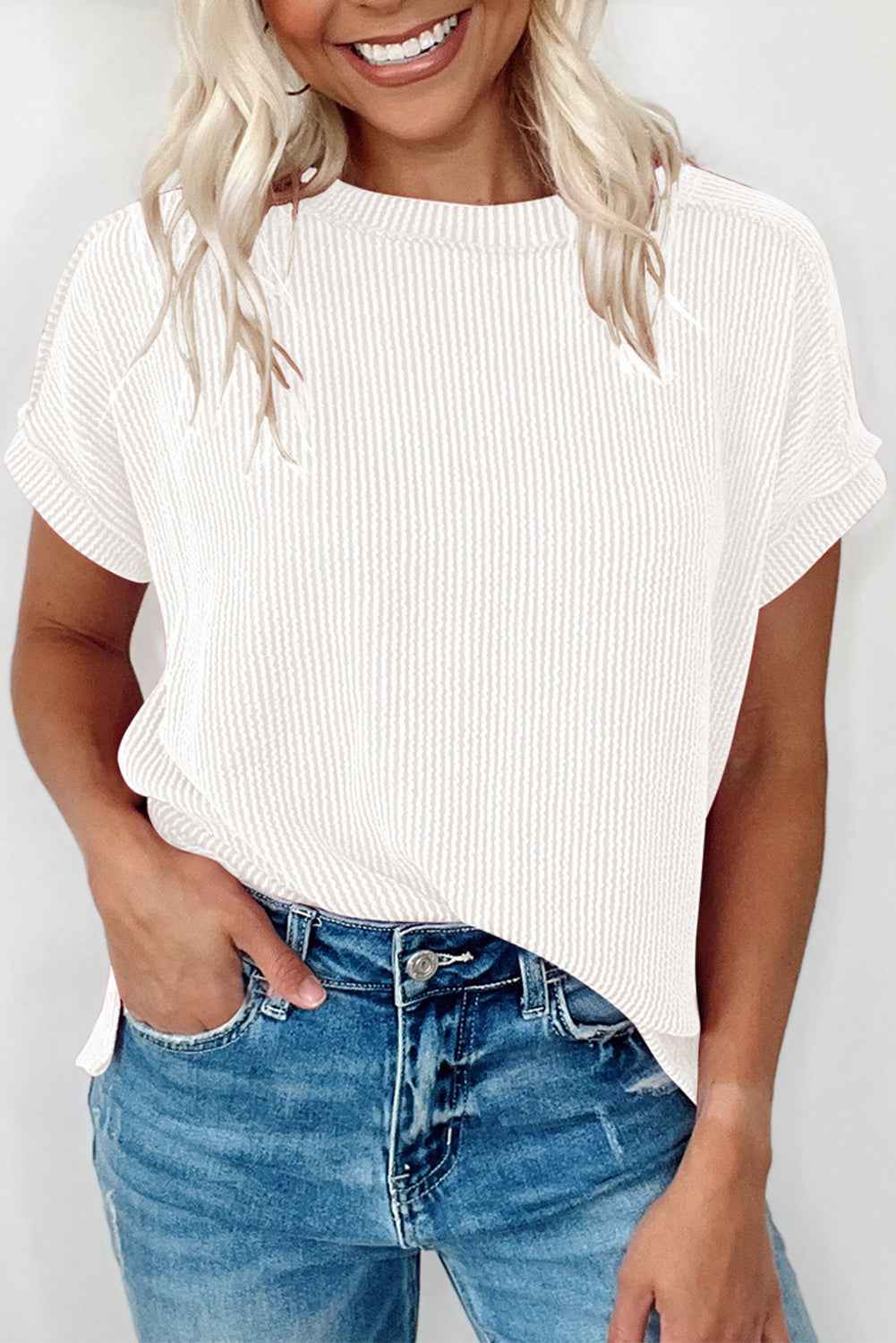 White Crinkle Rib Textured Knit Round Neck T Shirt ba8d2f4ca2ab3ebb