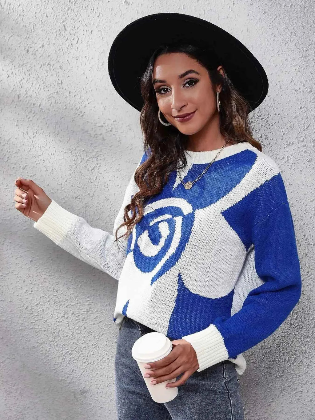 Contrast Round Neck Long Sleeve Sweater Royal Blue baa01d0f-626a-4399-ad0e-15887c1708a5-Max-Origin