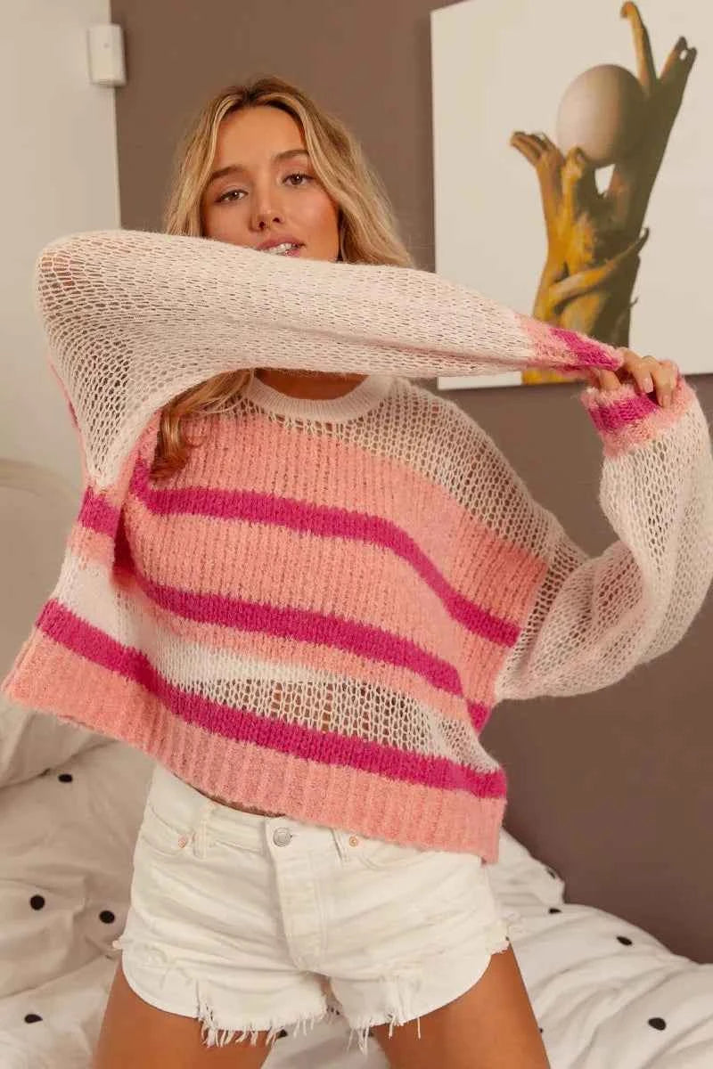 BiBi Hollow Out Yoke Detail Striped Sweater IVORY BLUSH FUCHSIA badc469f24094776a28bf1b4b6200853-Max-Origin