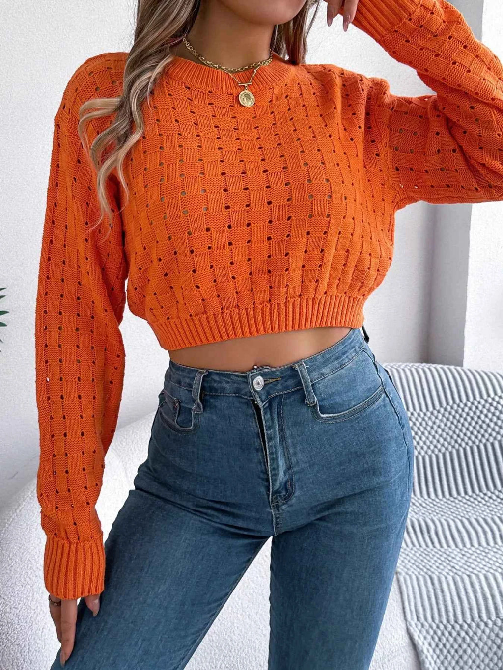 Cutout Back Openwork Round Neck Long Sleeve Sweater bae29be7-ff05-4c8f-8570-b0ece2693741-Max-Origin
