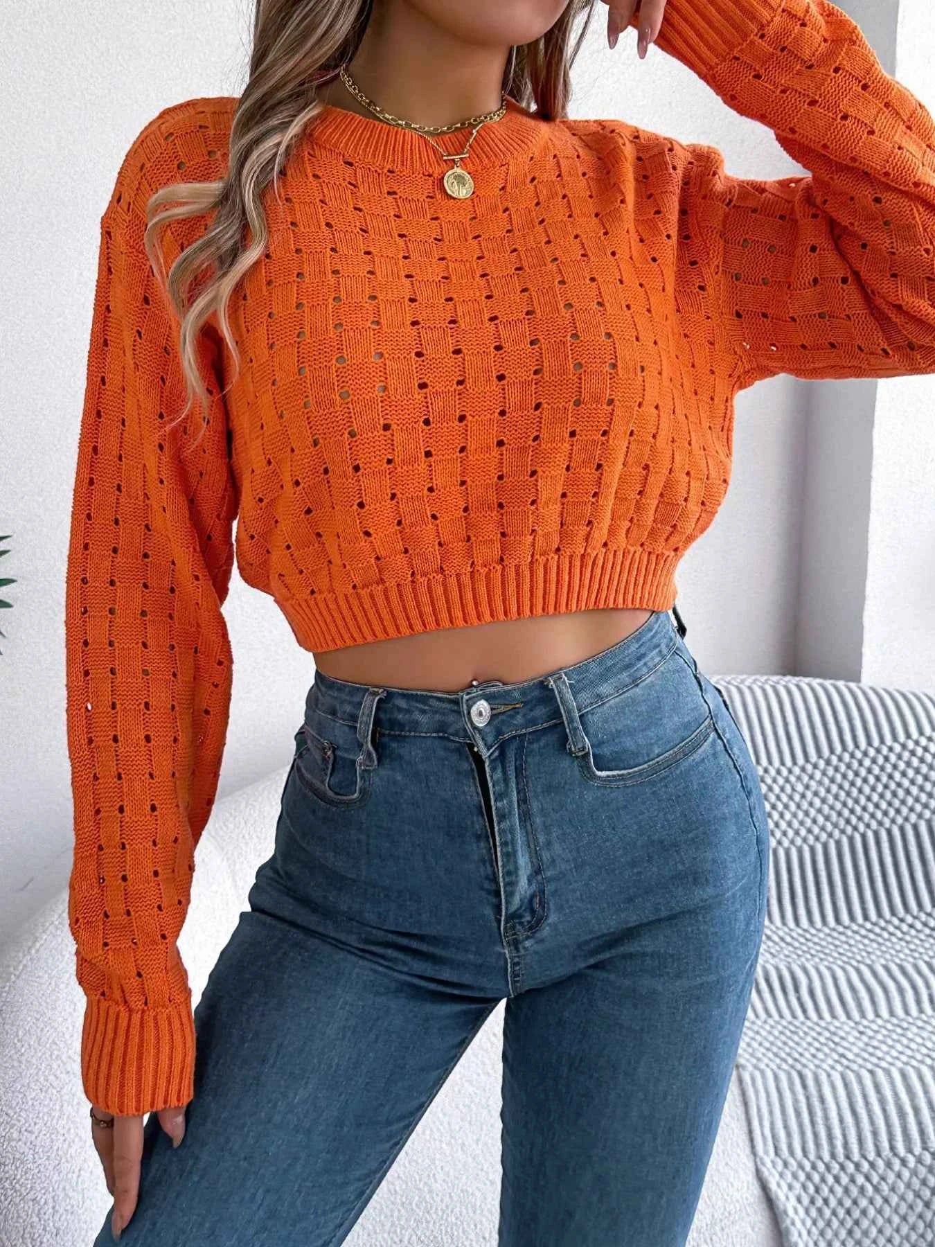 Cutout Back Openwork Round Neck Long Sleeve Sweater bae29be7-ff05-4c8f-8570-b0ece2693741-Max-Origin