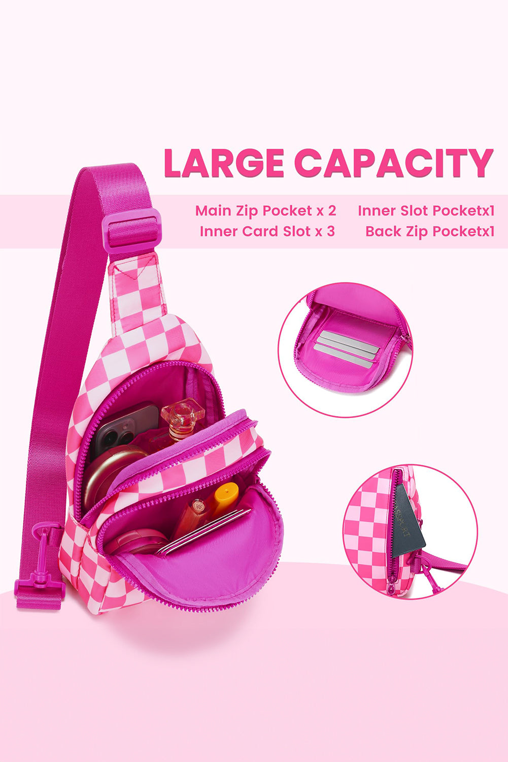 Rose Red Checkered Print Zip Front PU Crossbody Bag bae49a09be0286d9