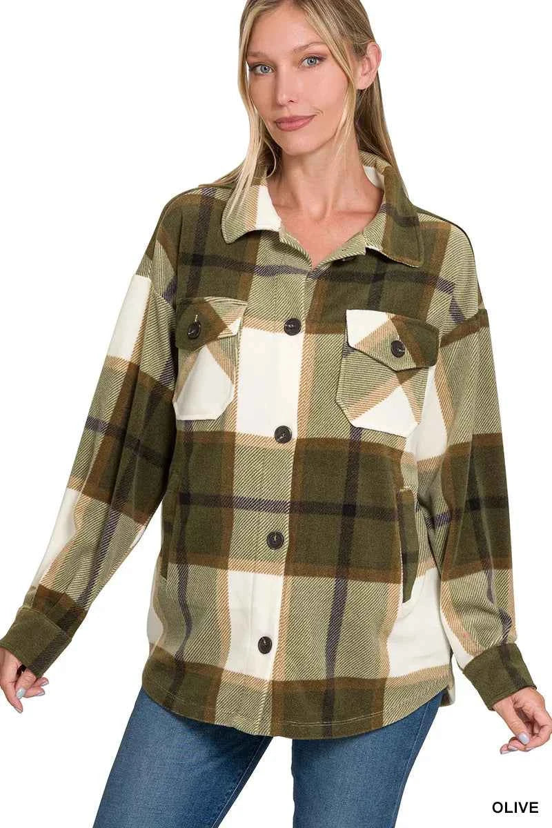 Zenana Oversized Plaid Fleece Shacket OLIVE bae4eae2-dab8-4aef-b498-a733379c2149-Max-Origin