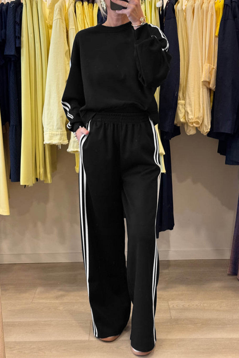 Dirty Blue Varsity Striped Detail Cropped Pullover Wide Leg Pants 2pcs Outfit baeb568a759891c7