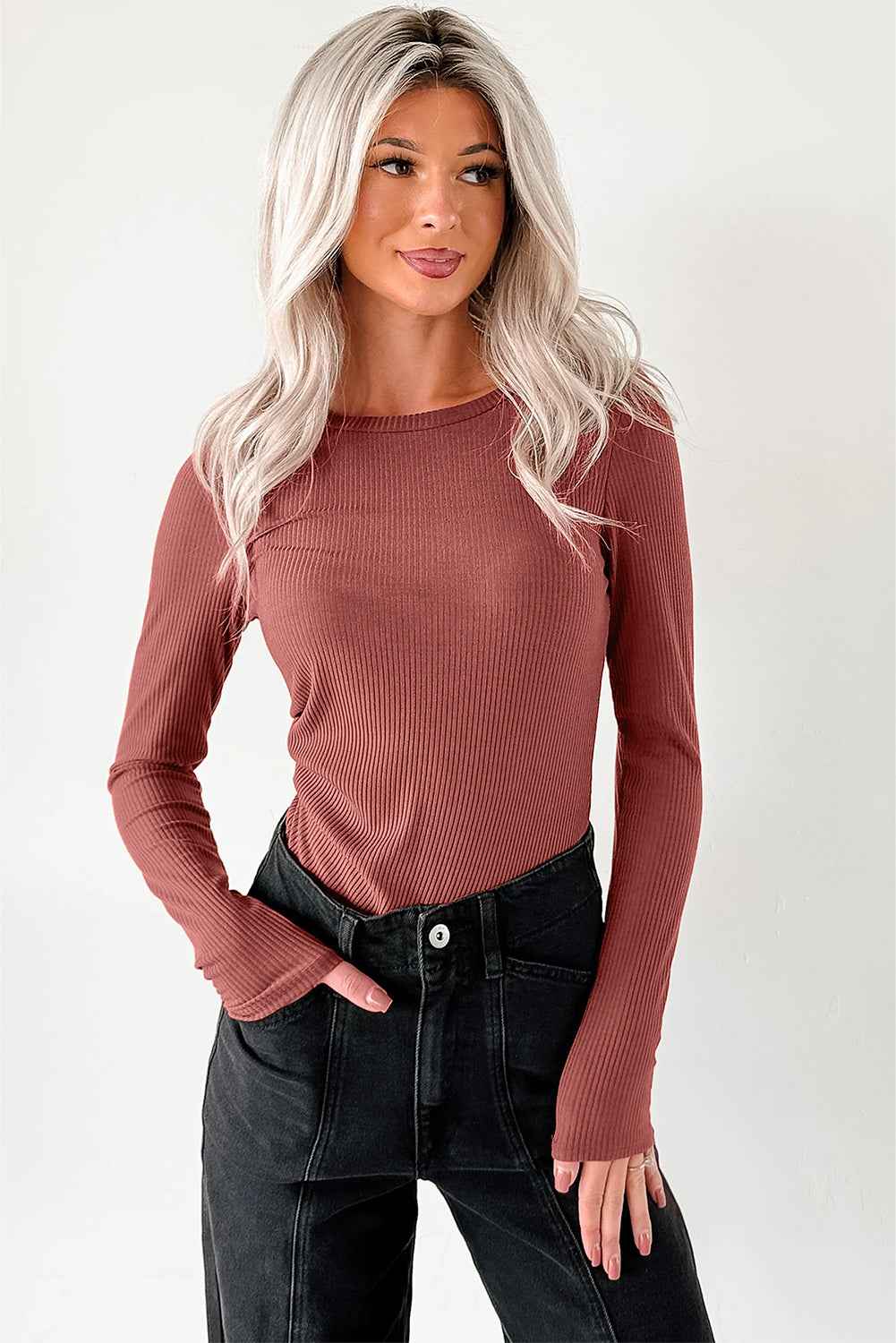 Mineral Red Ribbed Long Sleeve Crew Neck Solid Color Bodysuit baecf17f23a2735c