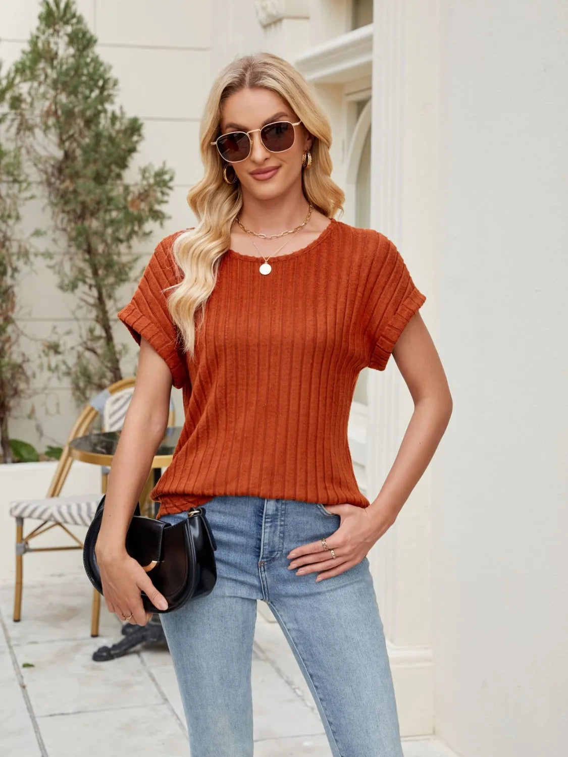 Round Neck Short Sleeve T-Shirt Rust bb037ad7-ef49-4ae3-b6d5-bc6819b6c885-Max-Origin