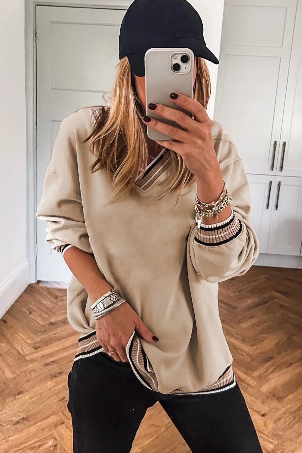 Parchment Varsity Contrast Trim V Neck Sweatshirt bb0d9d1da25f3c22