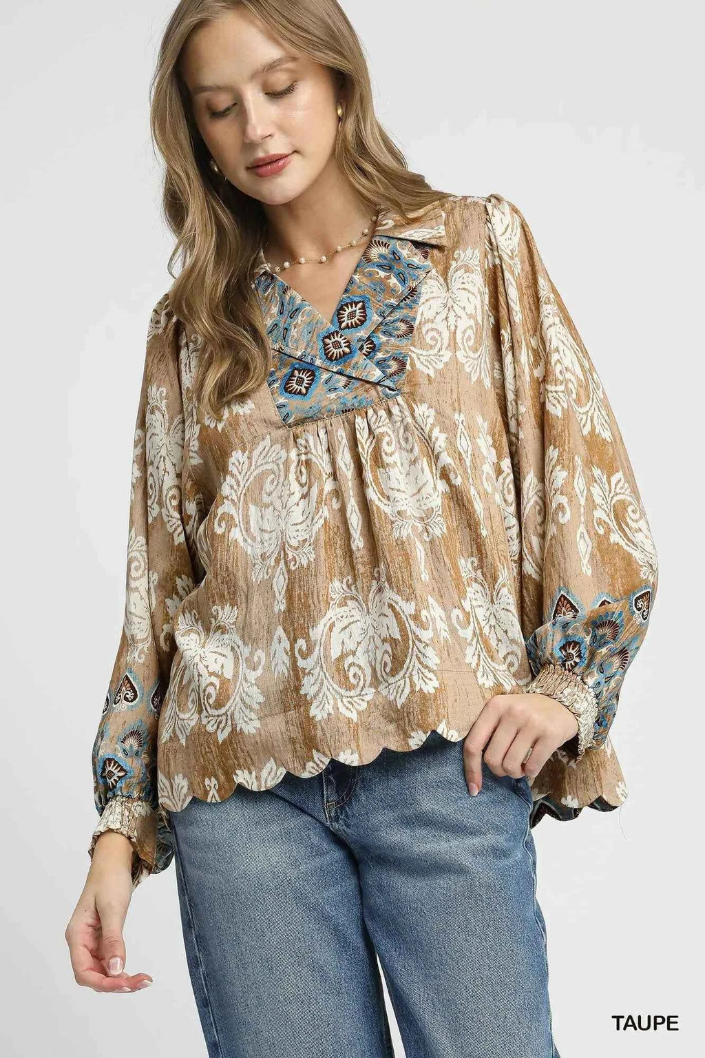 Umgee Floral Boho Blouse with Scalloped Hem Taupe bb1446d6-030a-44e4-87fa-0aad0cb204c8-Max-Origin