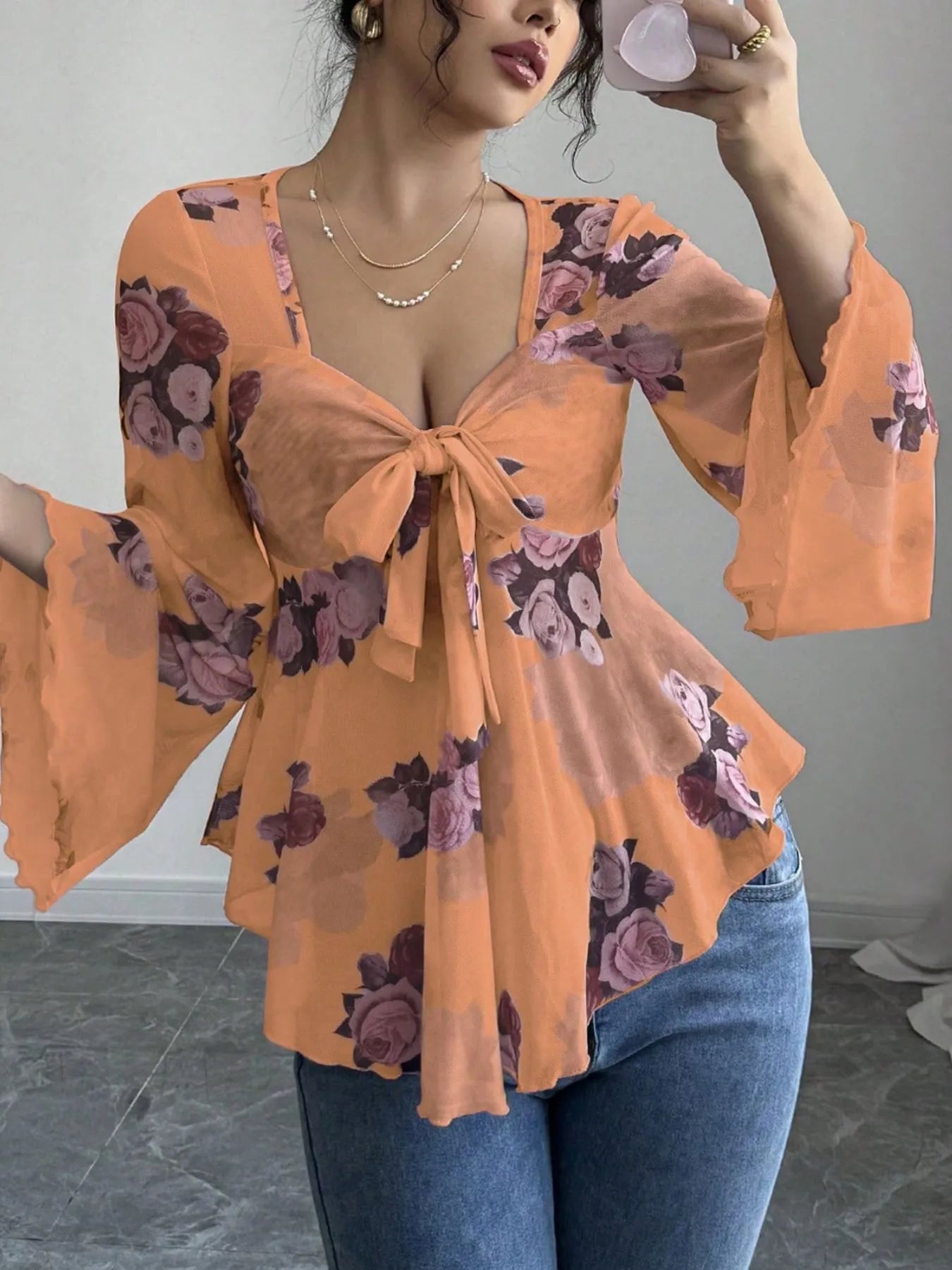 Floral Tie Front Flare Sleeve Blouse Orange bb18e76f-584b-4408-bd4f-86639f4b1db8-Max-Origin