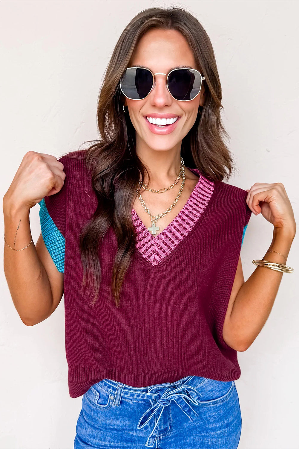 Burgundy Contrast Trim V Neck Cuffed Short Sleeve Loose Sweater