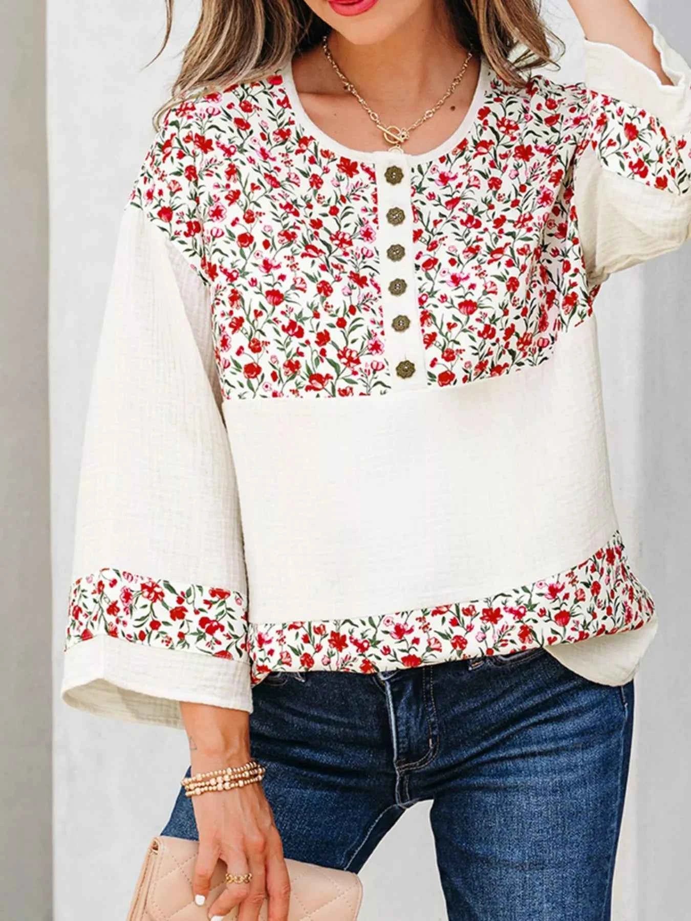 Floral Print Henley Button 3/4 Sleeve Blouse bb2938a6-a6c6-4d3a-a9eb-eff625dd61bf-Max-Origin
