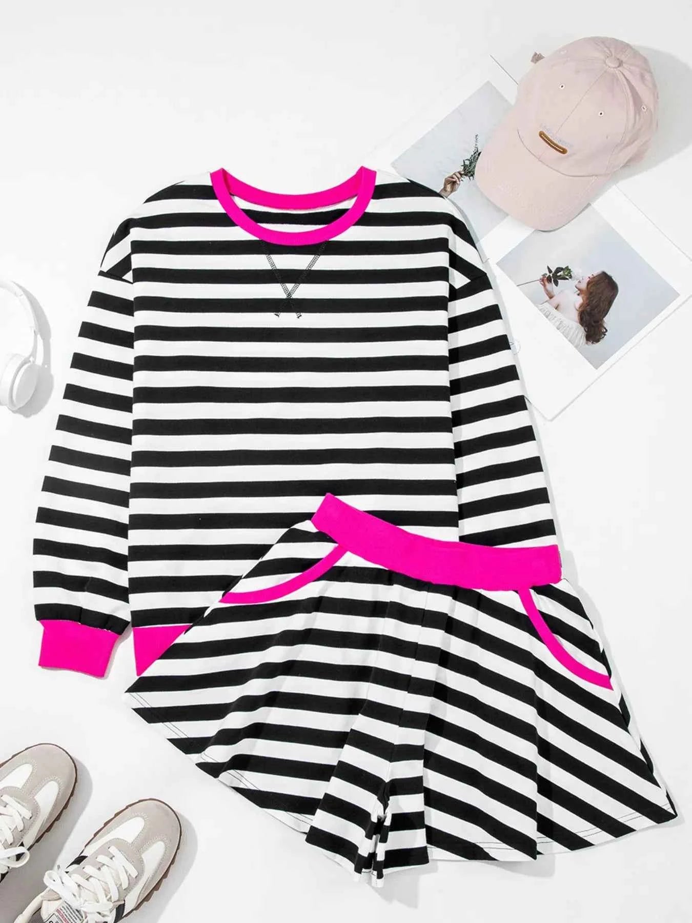 Stripe Contrast Ribbed Banding Long Sleeve Blouse and Loose Shorts Set bb2ad017-956a-4c03-8c18-55e48c36f537-Max-Origin