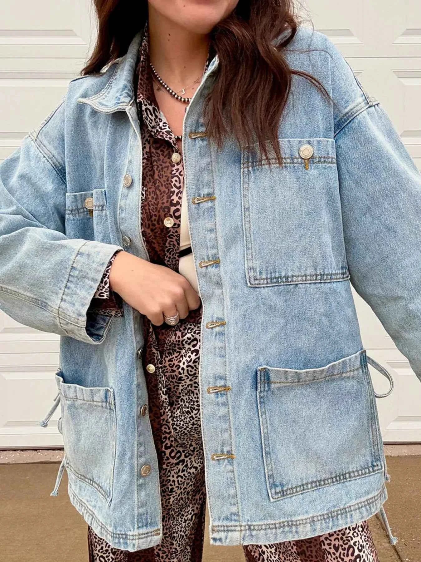 Patched Pockets Side Tie Denim Jacket Medium bb32f9fb0cfe4c468c8a3b5a4b5b41bb-Max-Origin