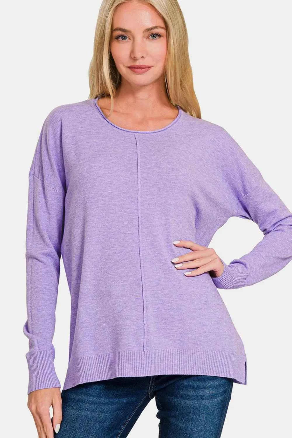 Zenana Front Seam Round Neck Sweater H Lavender bb36685c-ef81-4205-bd69-2ec7ebc05fb7-Max