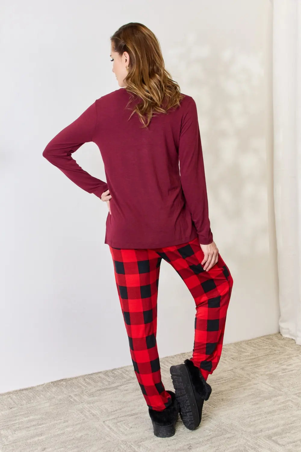 Zenana Full Size Plaid Round Neck Top and Pants Pajama Set bb441ea1f0644be7b917e250791bae4d-Max