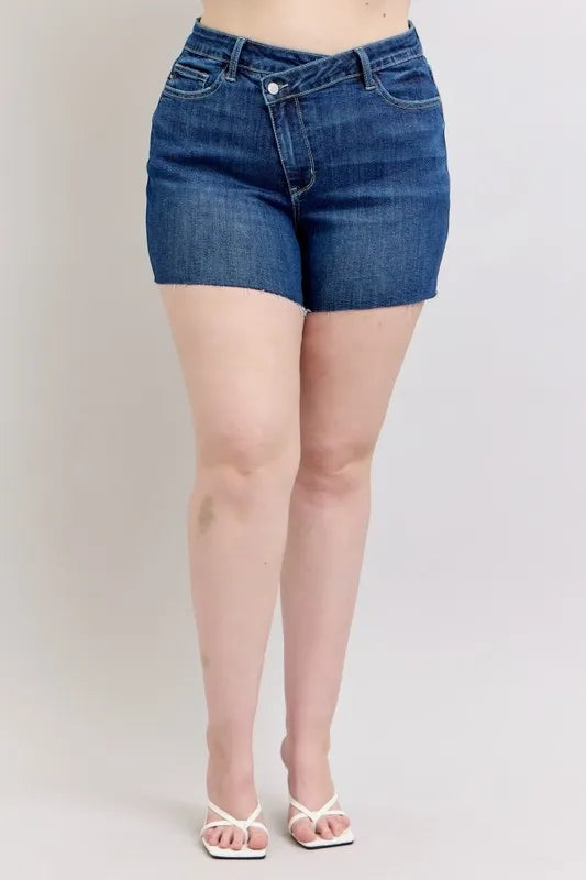 Judy Blue Full Size High Waist Criss-Cross Waistband Denim Shorts Plus Size bb54521e-8bed-40d8-83bf-02a032446489-Max-Origin