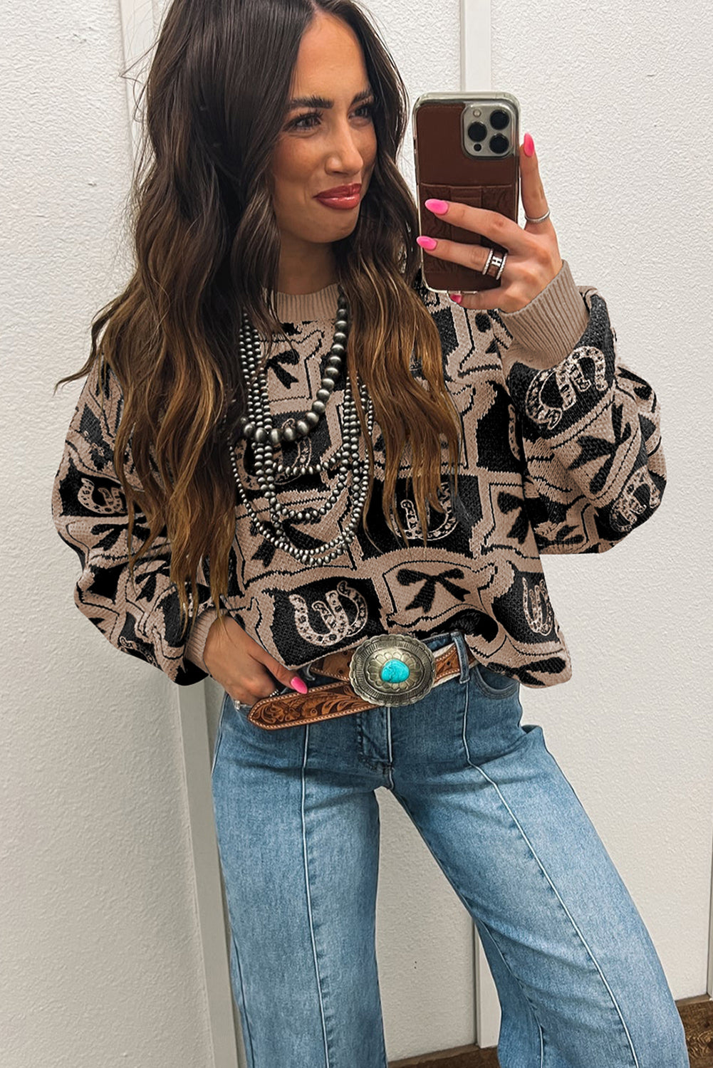 Pink Colorblock Bow Pattern Drop Sleeve Sweater Black 52%Viscose+26%Polyester+22%Polyamide bb56b385e10e2f3d