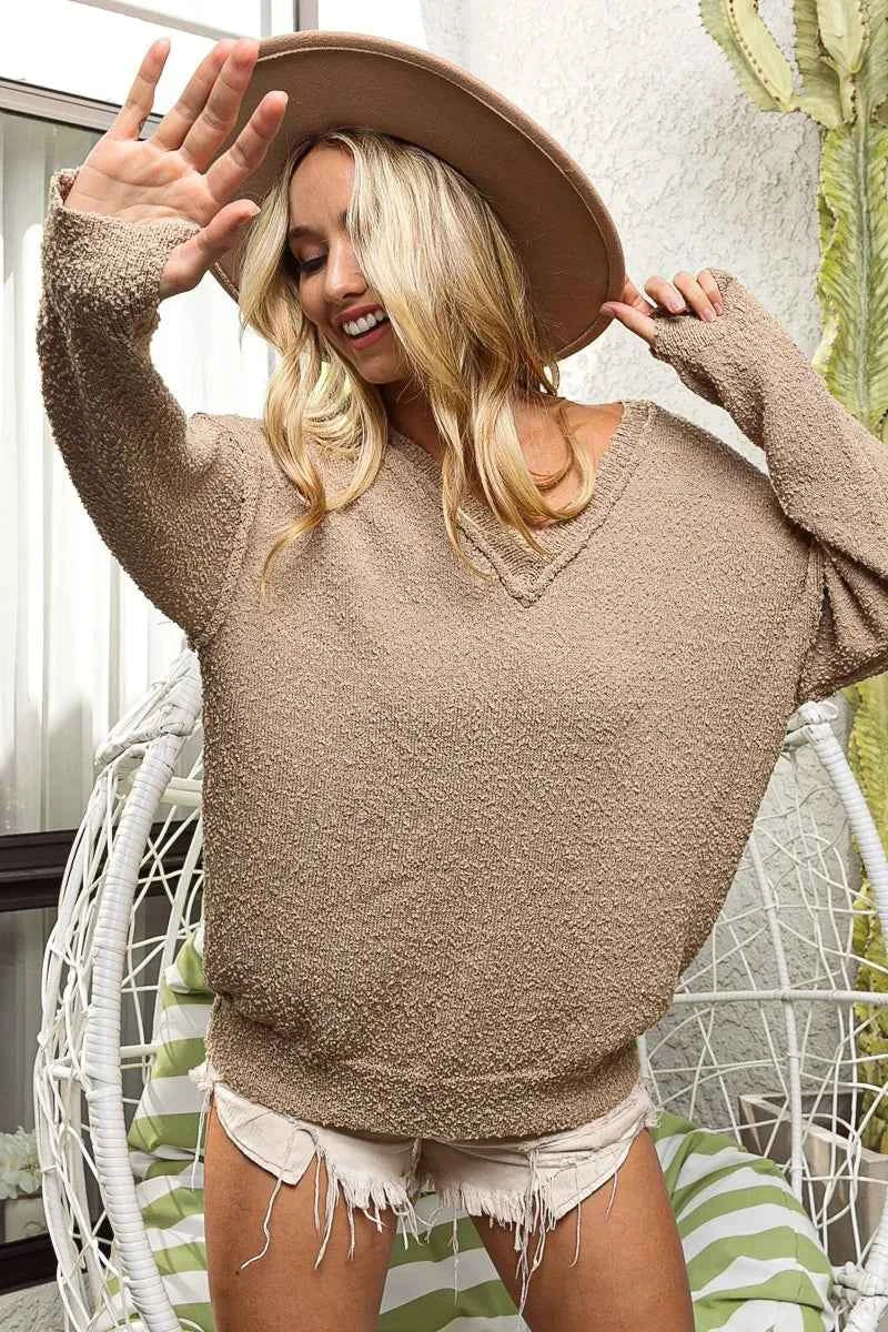 BiBi Raw Edged Popcorn Texture V-neck Sweater bb580b700ee94a4cbcef7916e1ac84d3-Max-Origin