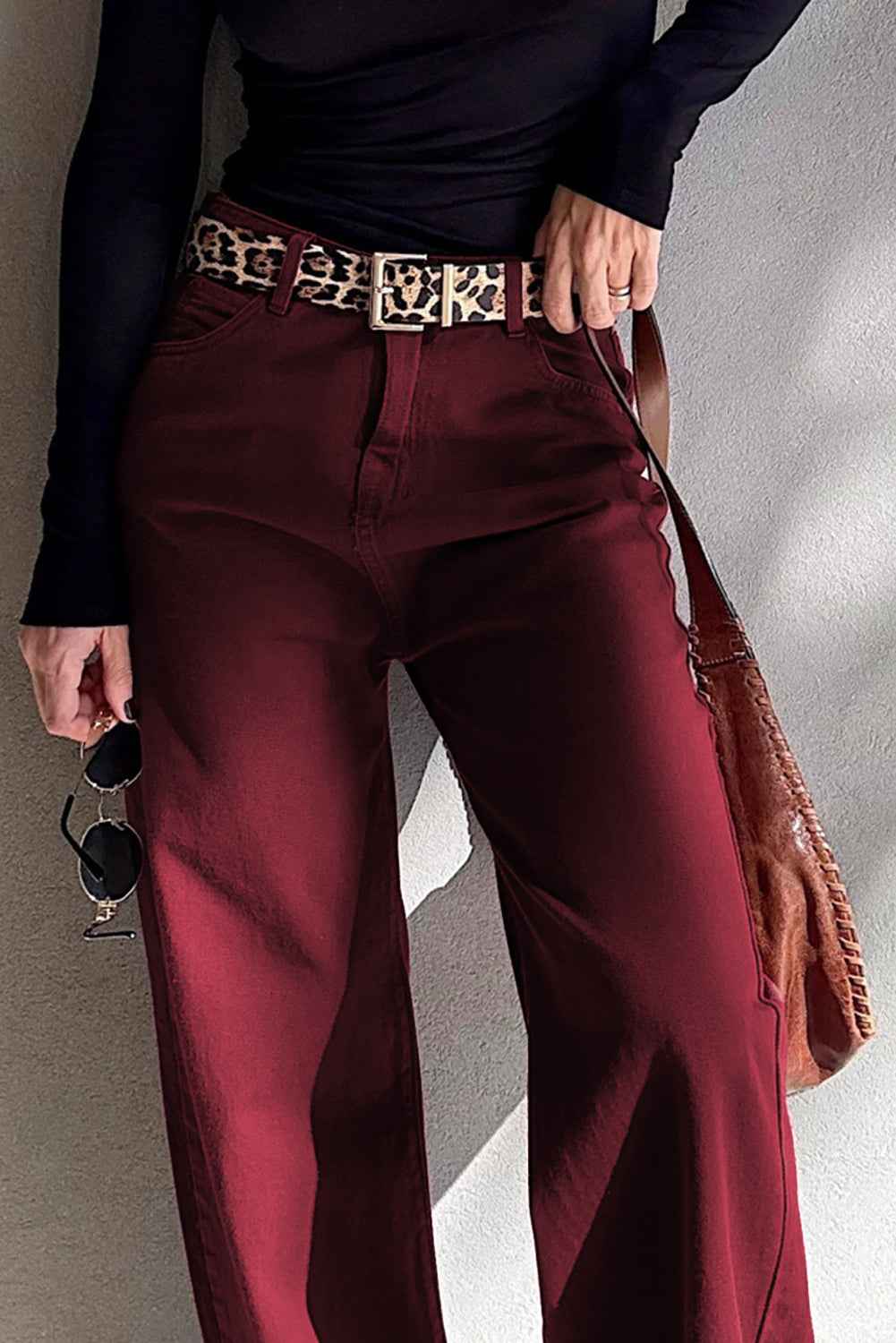 Red Dahlia Solid Color Loose Straight High Waist Jeans bb5df07cc65d8ea3