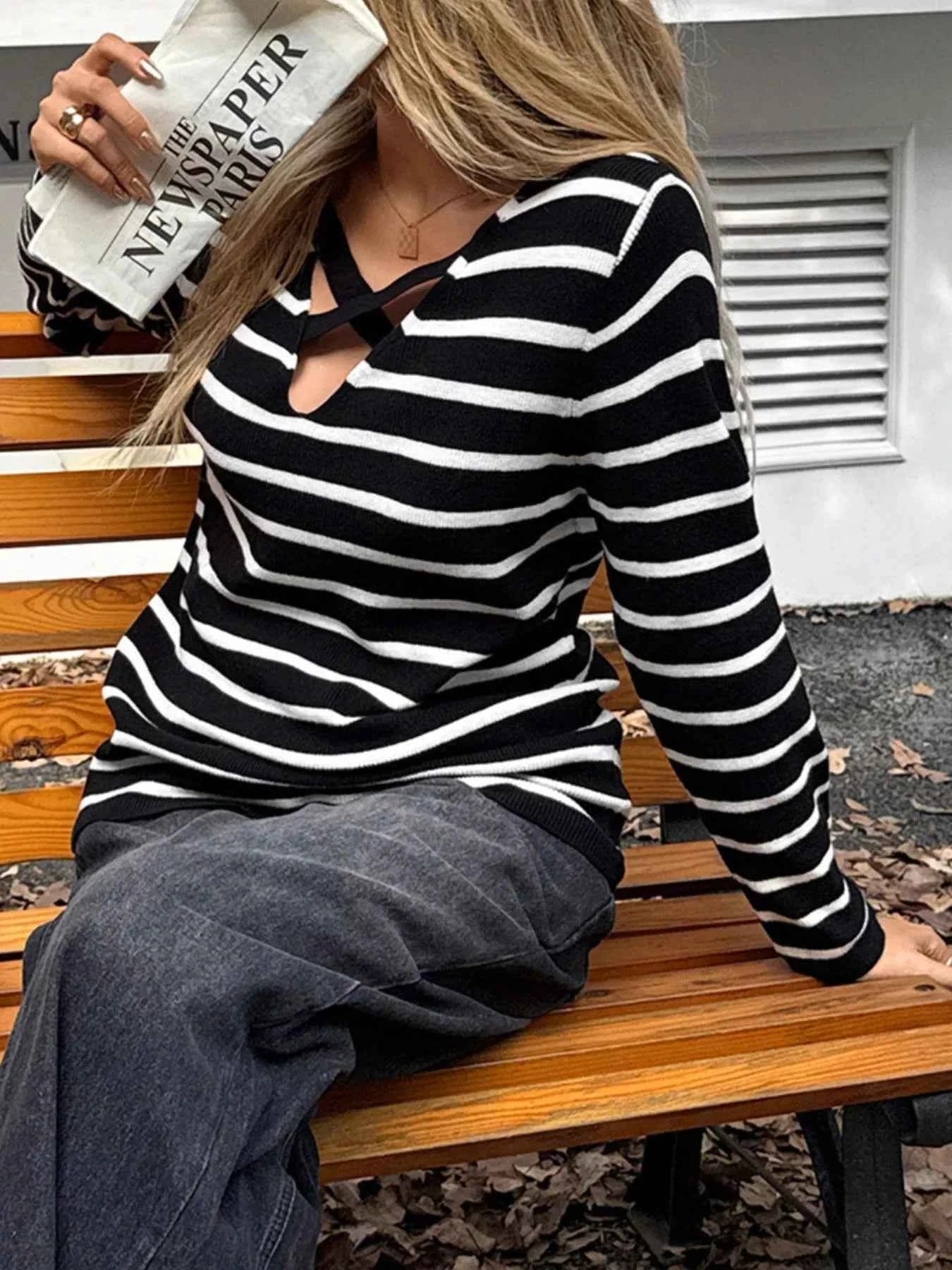 Striped Cross Front Long Sleeve Knit Top bb5f86fa-2afe-42b1-a87f-1831b69eda12-Max-Origin