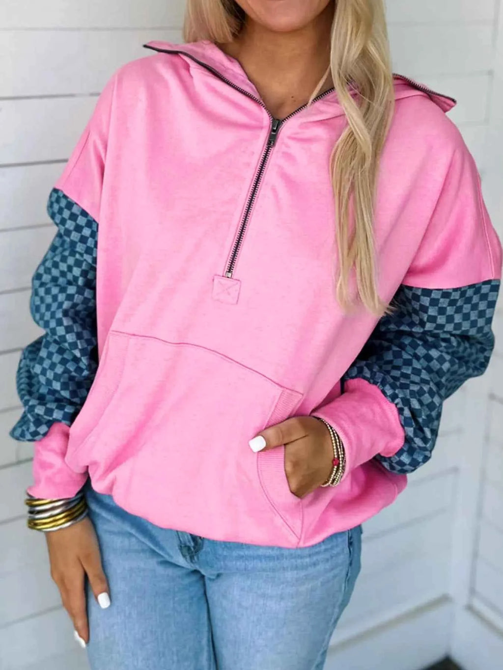 Half Zip Checkered Sleeve Hoodie bb62e6dc-3e7a-4003-84ec-09301aa673ae-Max-Origin