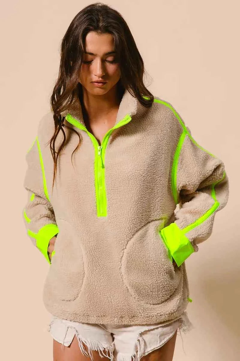 BiBi Contrast Edge Half Zip Up Sherpa Jacket OATMEAL NEON GREEN bb63e0cb71364b859cce88e04ce5a565-Max-Origin