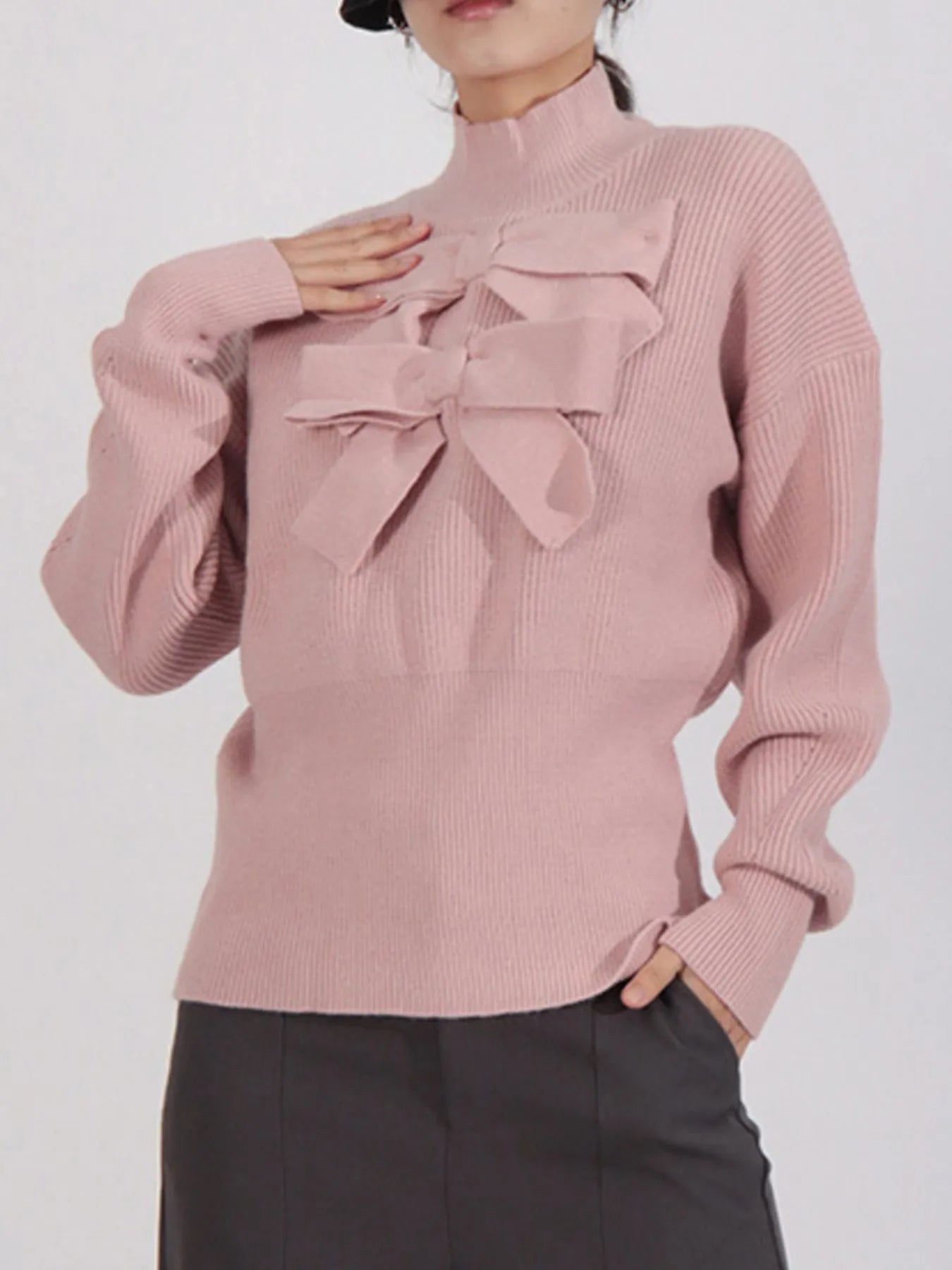 Bow Front Turtleneck Long Sleeve Sweater Pink bb67c9eb-e1a9-4bbc-a280-c55b3a00abbb-Max-Origin