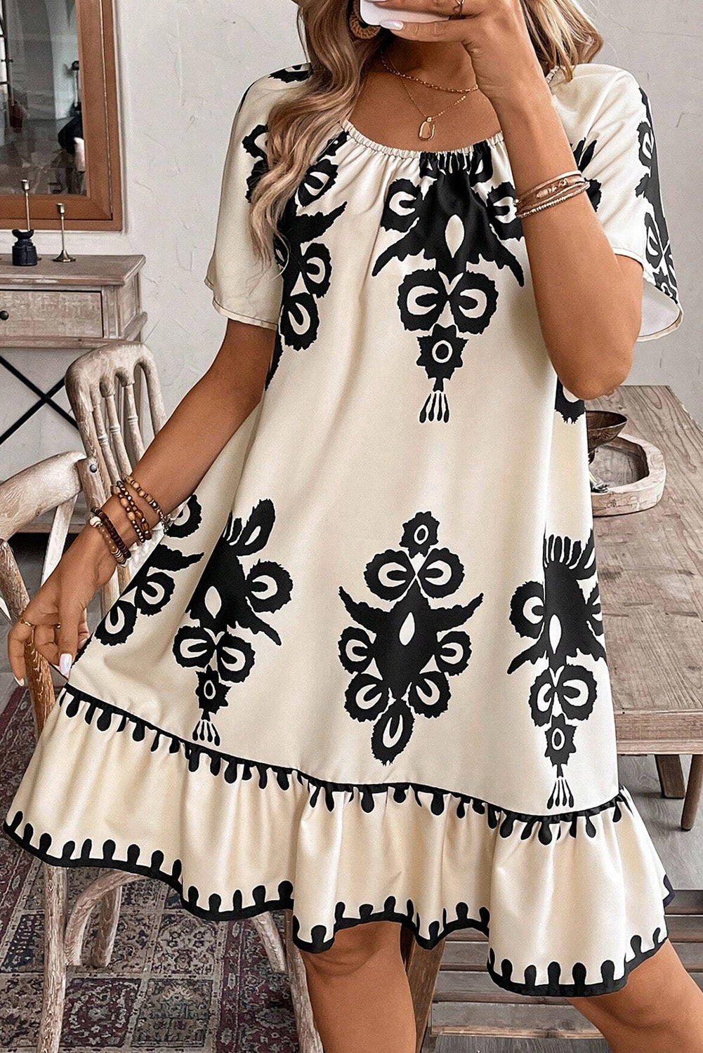 Apricot Ethnic Print Ruffle Hem Loose Mini Dress Apricot bb737946ebd33f7b