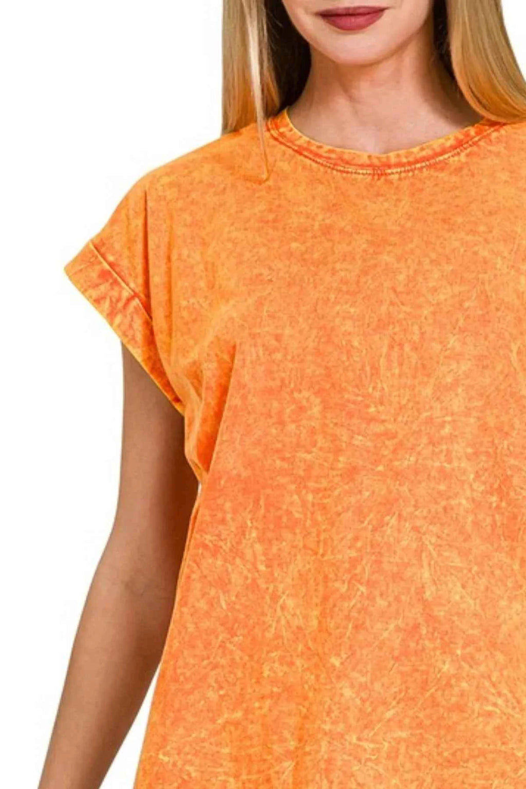 Zenana Crinkle Washed Round Neck Folded Short Sleeve Tee bb753ee8-6b18-4522-ab8a-8739600e5ac0-Max-Origin