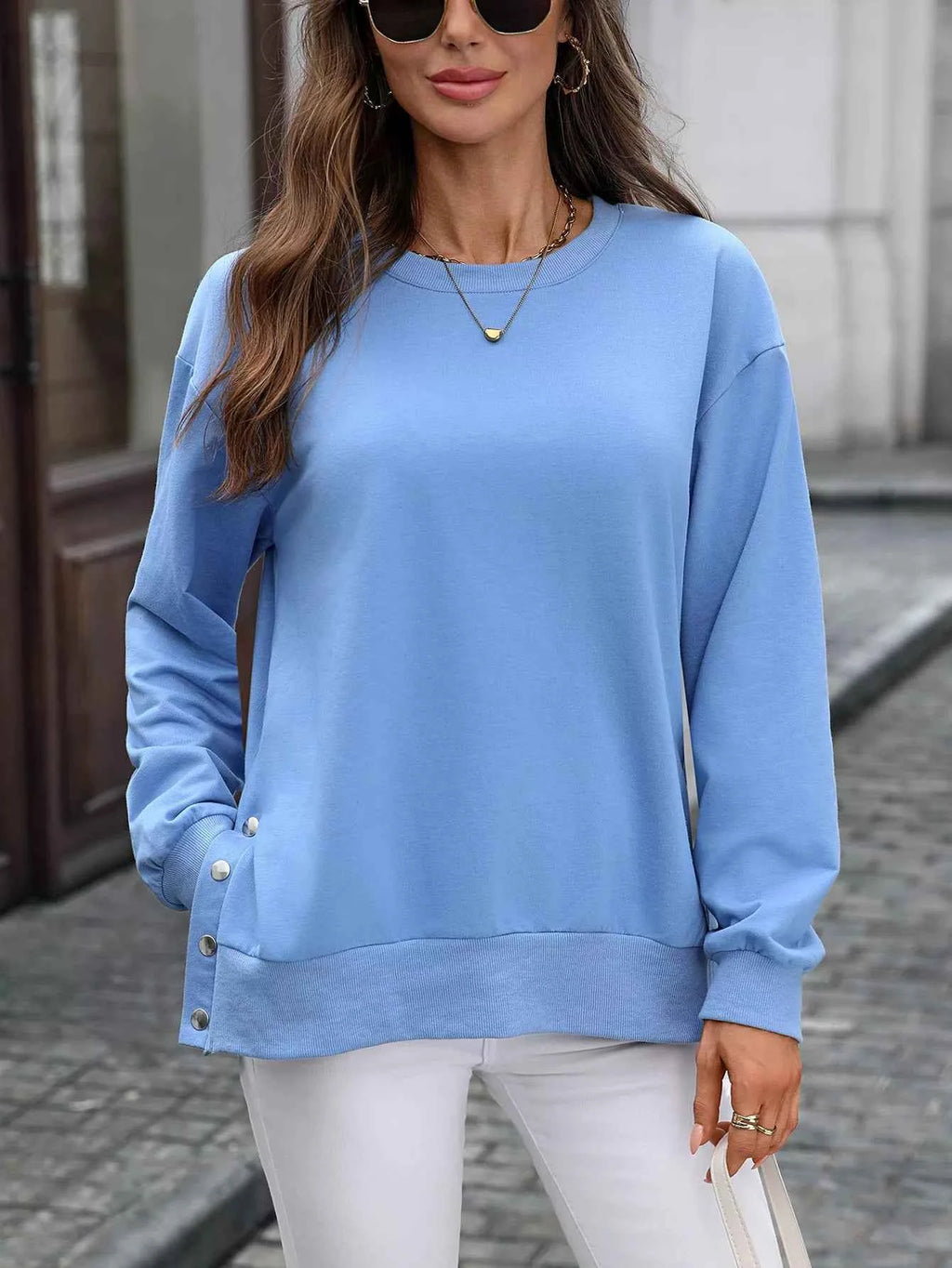 Side Snap Round Neck Sweatshirt Light Blue bb911de7-b85d-4922-a8fa-f1c9a44b47be-Max-Origin