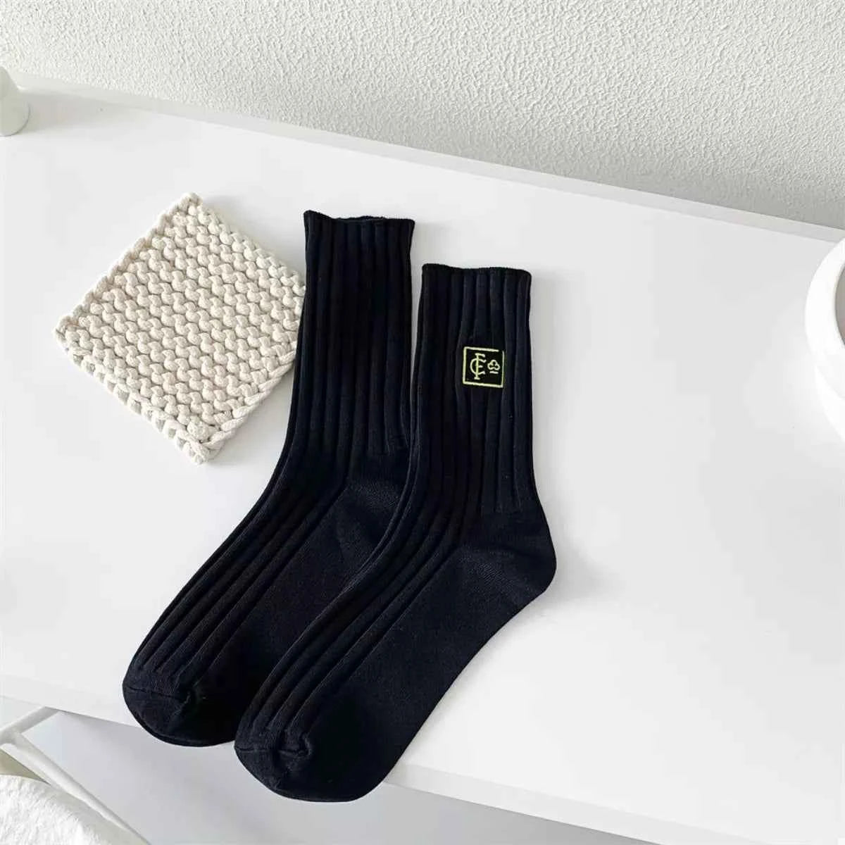 Breathable Ribbed Knit Crew Socks Black One Size bb91440b-6ee5-4a36-83d6-73240e267368-Max-Origin