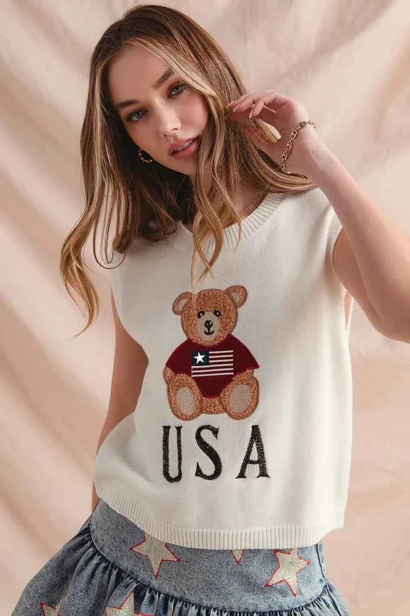 SO ME Teddy Bear Wearing An American Flag With Usa Embroidered Sweater Vest bbb125bd3ab8488ea6d1aad0c93acb42-Max-Origin