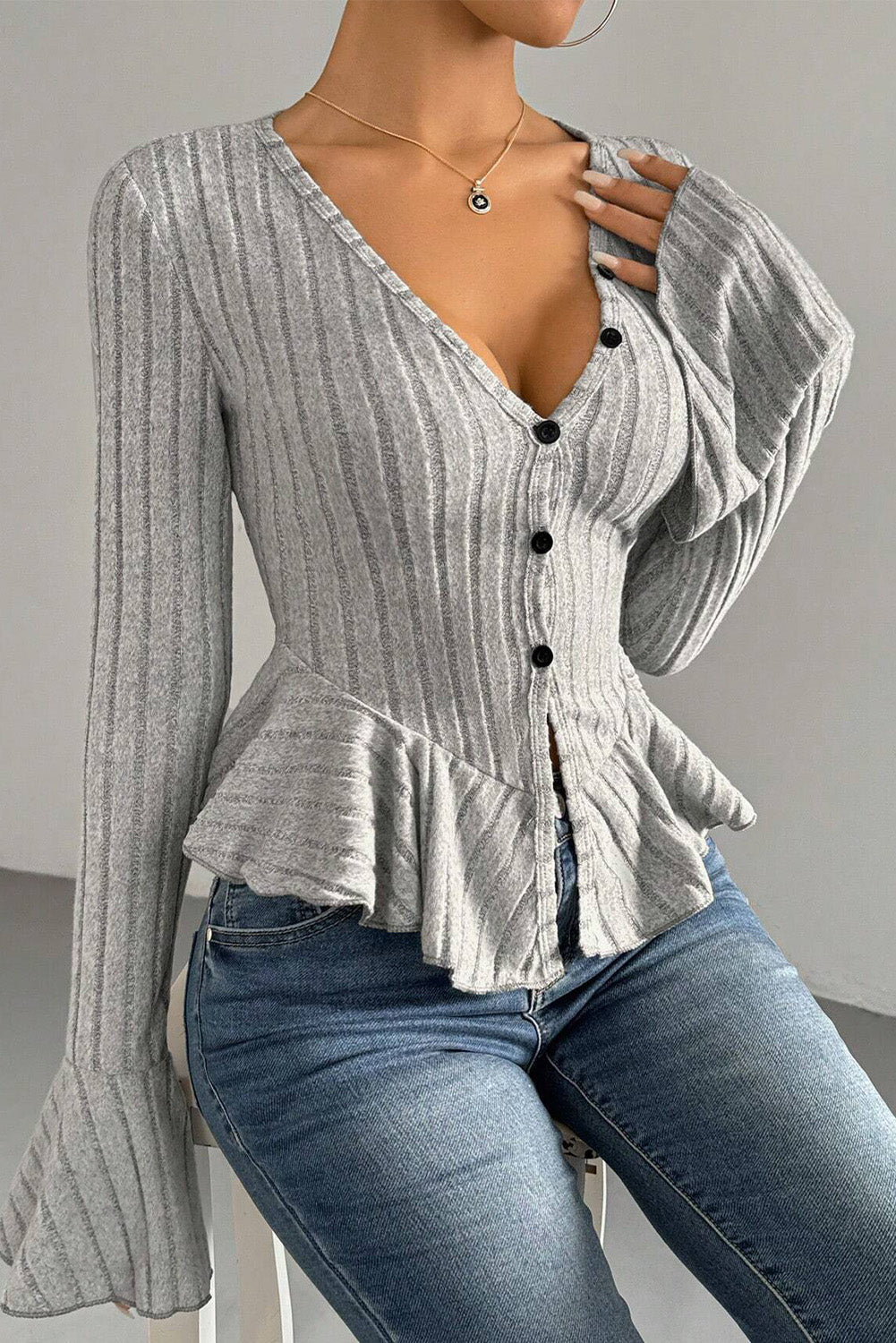 Light Grey Slim Fit Ruffle Hem Ribbed Long Sleeve Top bbb58cbb780e83ed
