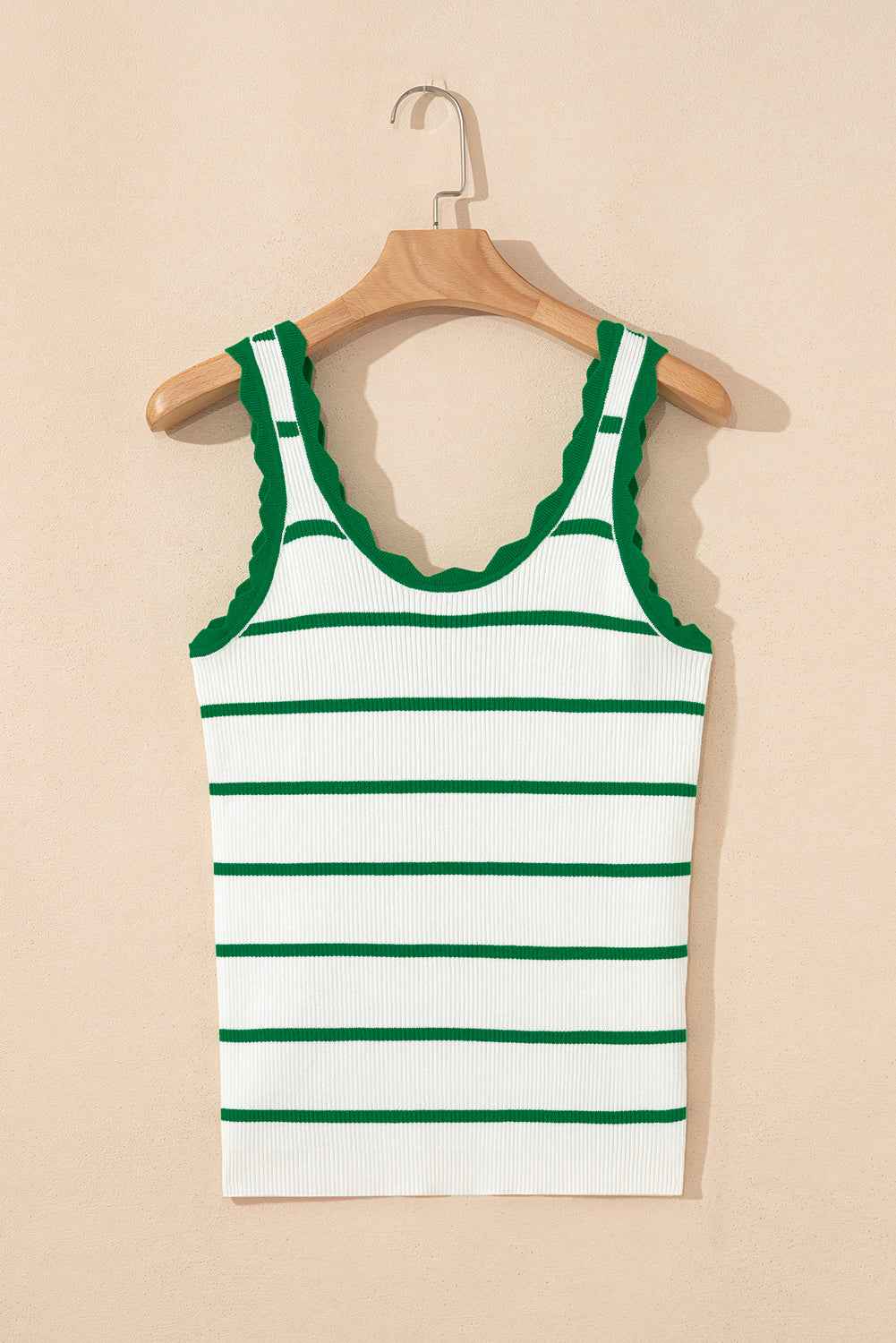 Bright Green Scalloped Edge Striped Ribbed Tank Top bbc9d45d93b6cbfe
