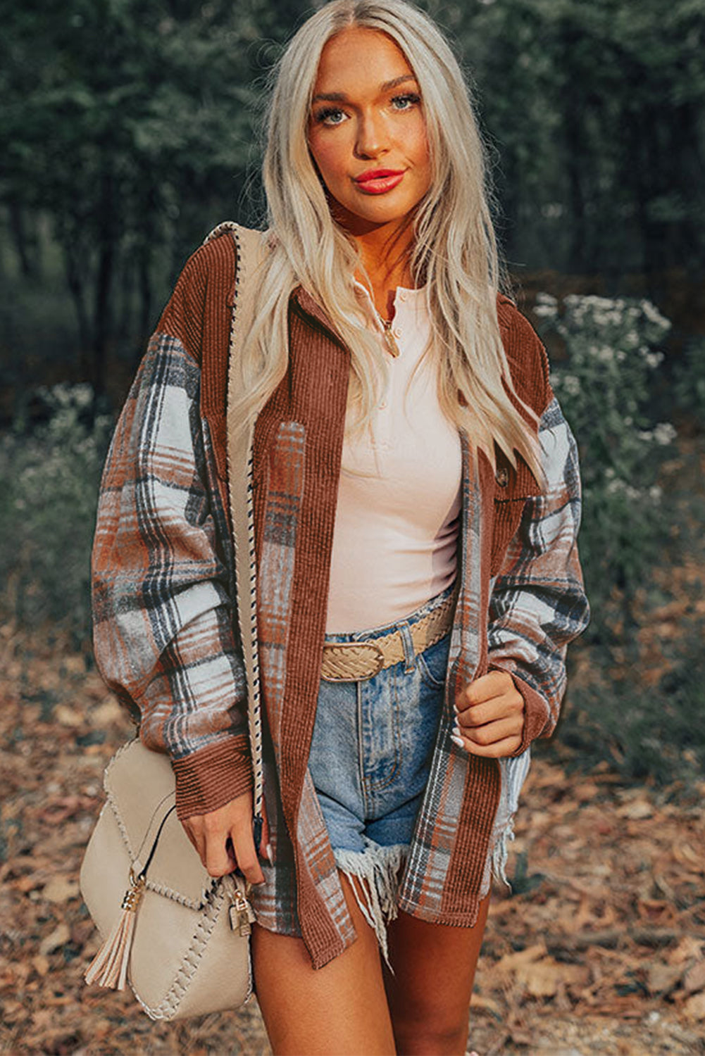 Cinnamon Plaid Corduroy Patchwork Pocket Loose Shacket bbd2cc6e6f7d1c63