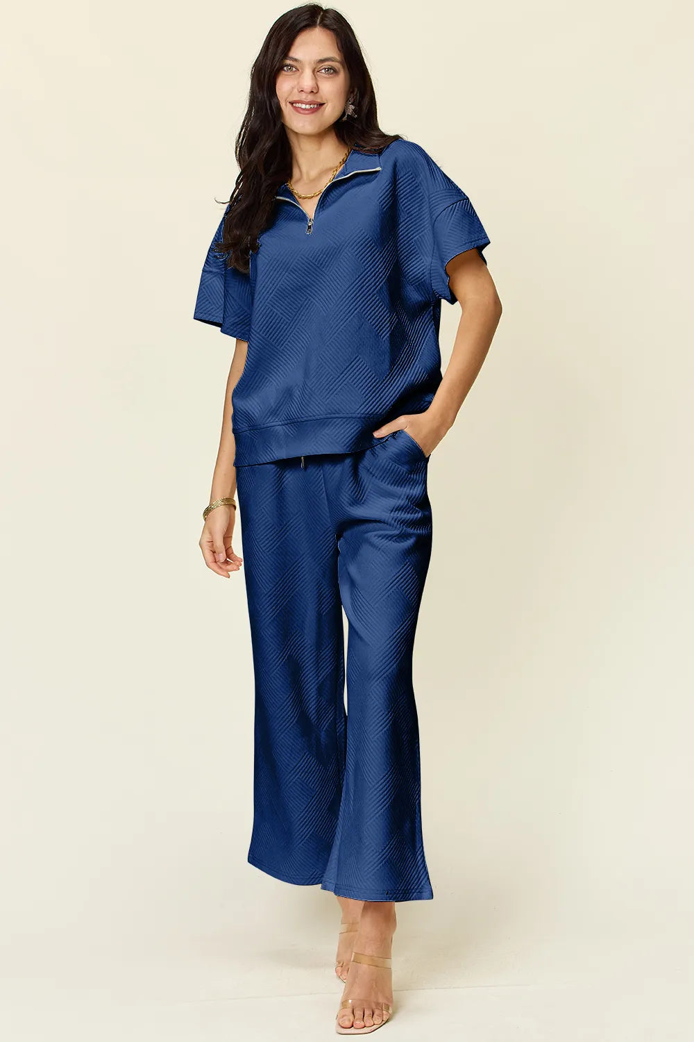 Double Take Full Size Texture Half Zip Short Sleeve Top and Pants Set Royal Blue bbe5dd09-beca-4f7c-8663-10d83f34510c-Max
