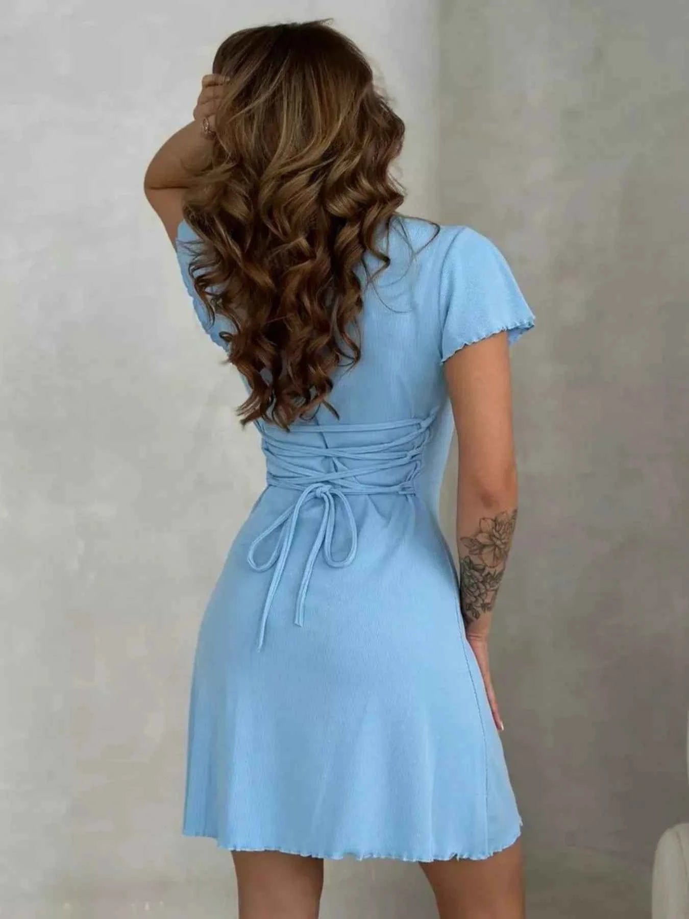 Ribbed Back Lace Up Short Sleeve Mini Dress bbf93e04-99df-4d90-858d-19b9fc10df88-Max-Origin