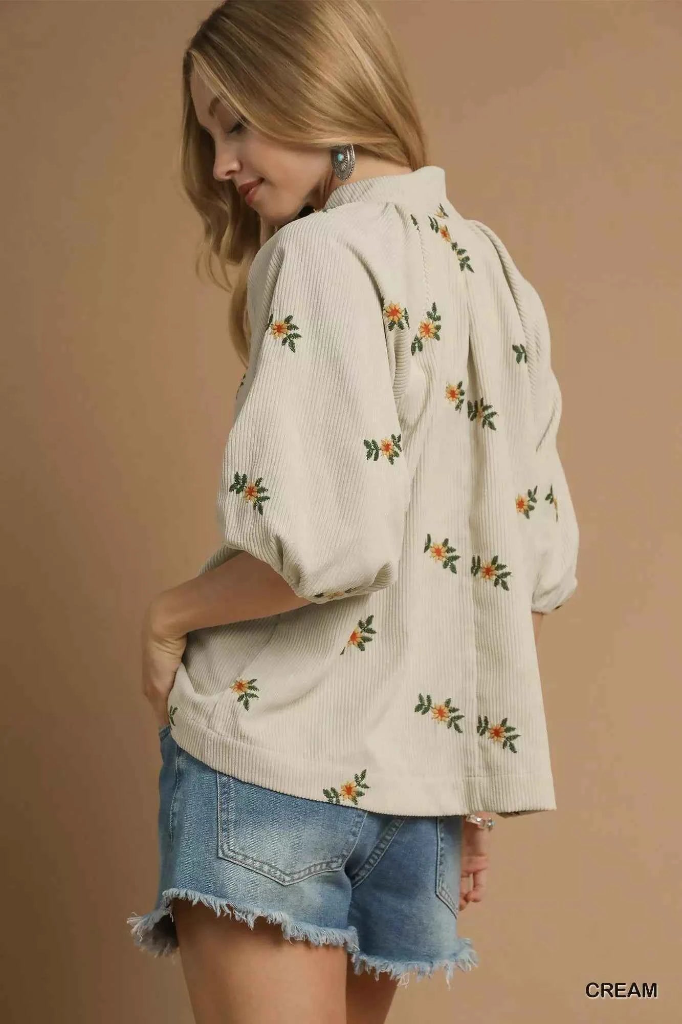 Umgee Corduroy Floral Embroidered Puff Sleeve Blouse bc380103-d59c-436a-809a-3c9714359ed0-Max-Origin
