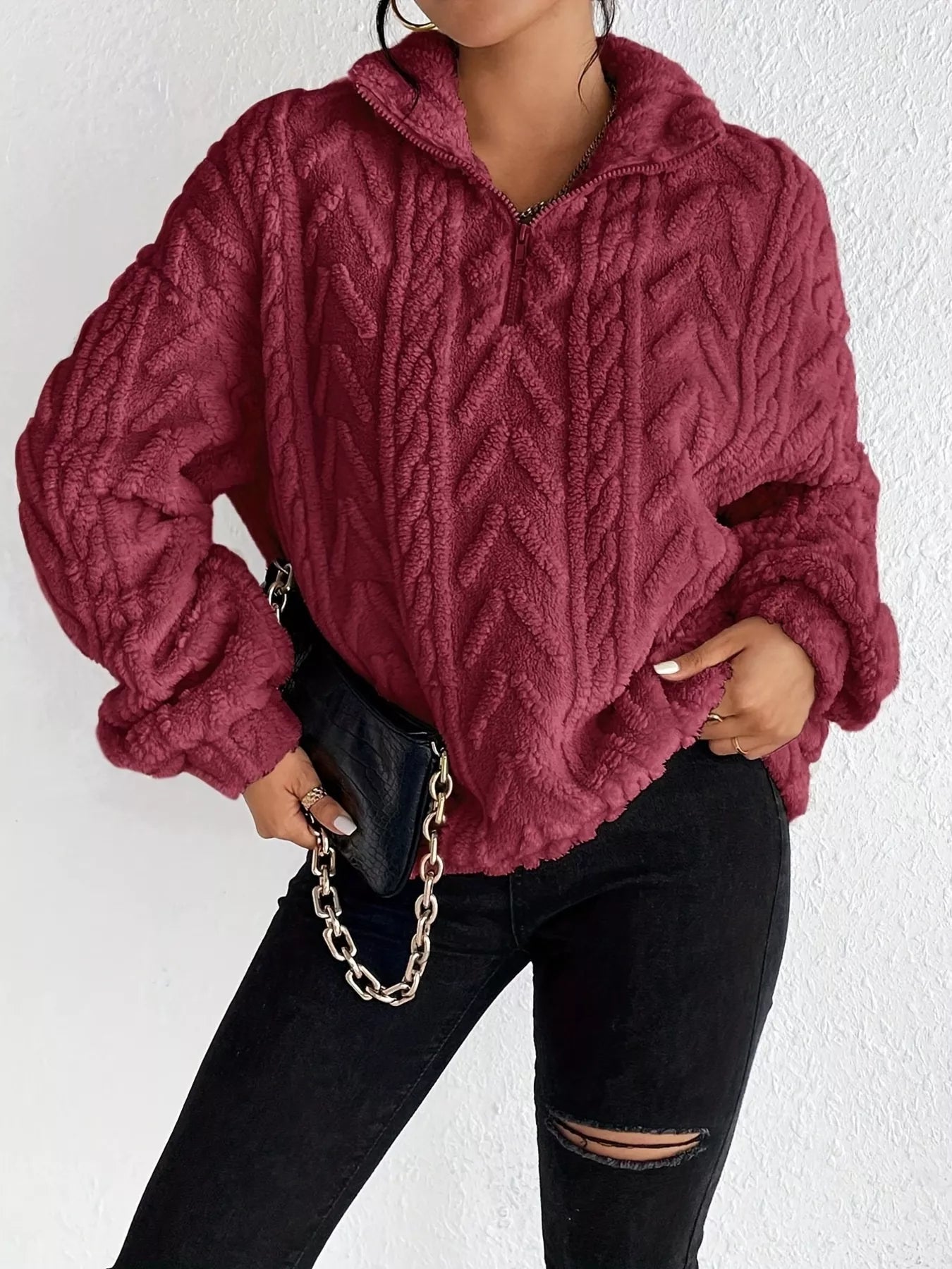 Quarter Zip Dropped Shoulder Sherpa Sweatshirt Burgundy bc4cc1046e664718b92fbd082347622b-Max-Origin