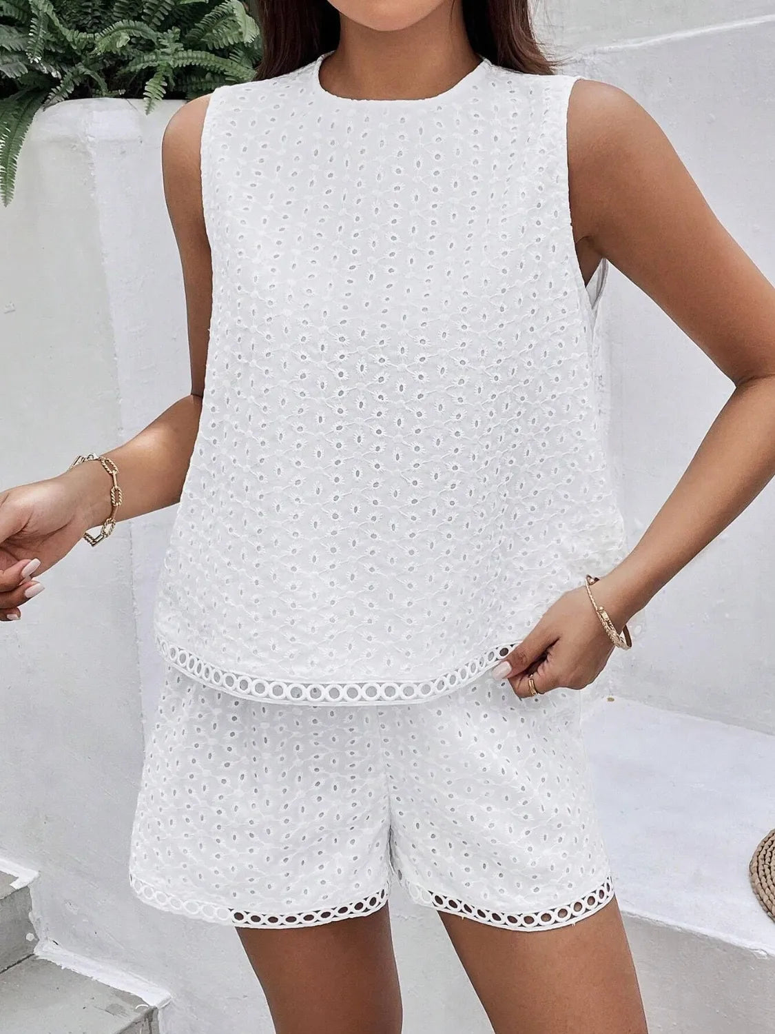 Eyelet Round Neck Top and Shorts Set White bc519472-dee9-416b-be09-e7eae7d6bf26-Max-Origin