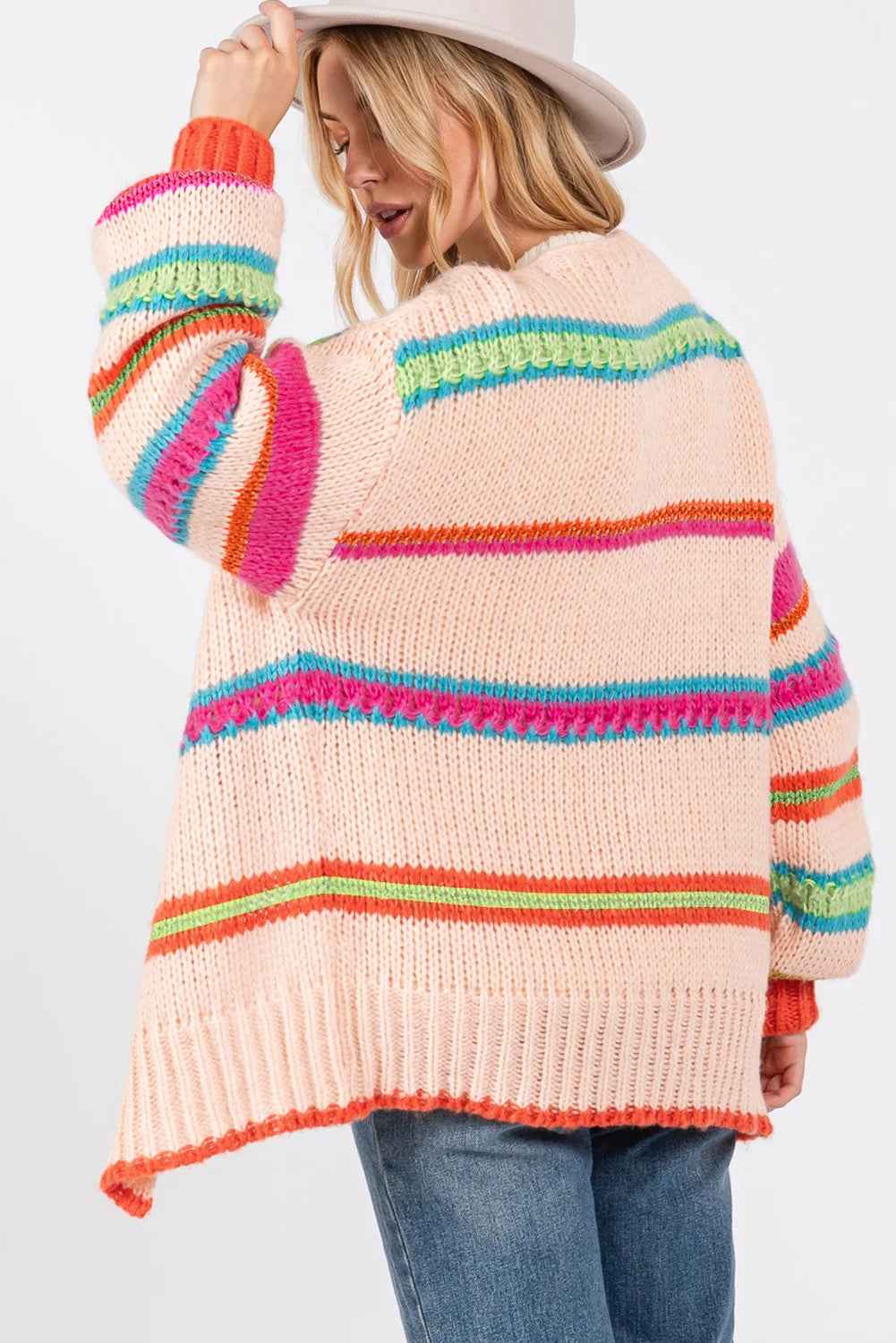Multicolour Open Front Striped Colorblock Knit Oversize Cardigan bc57fad696afdc20