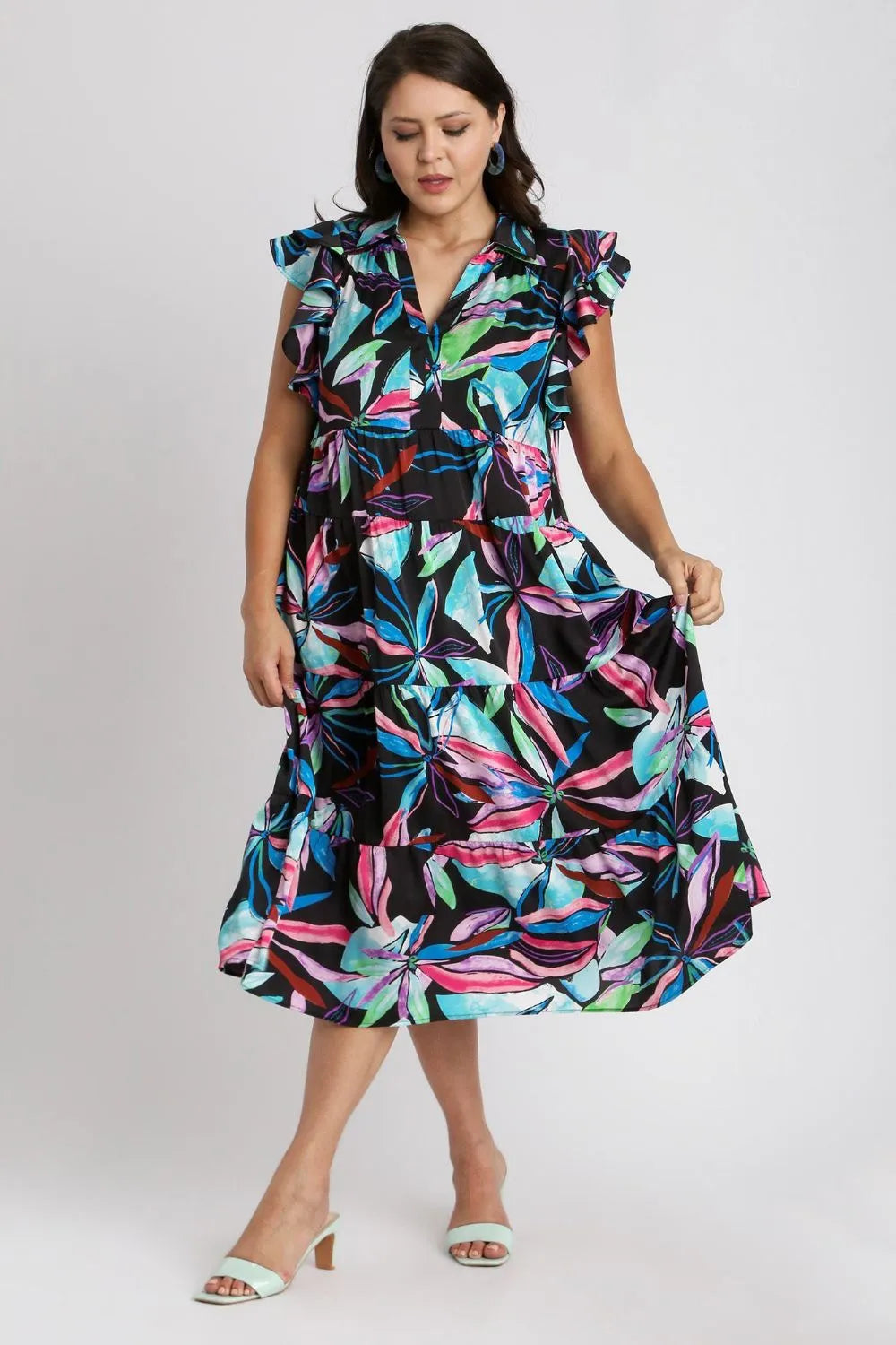 Umgee Full Size Leaf Print Double Layered Ruffle Sleeve Tiered Midi Dress Plus Size bc646760-28c0-4dcb-9ff1-e220c1df5f6f-Max