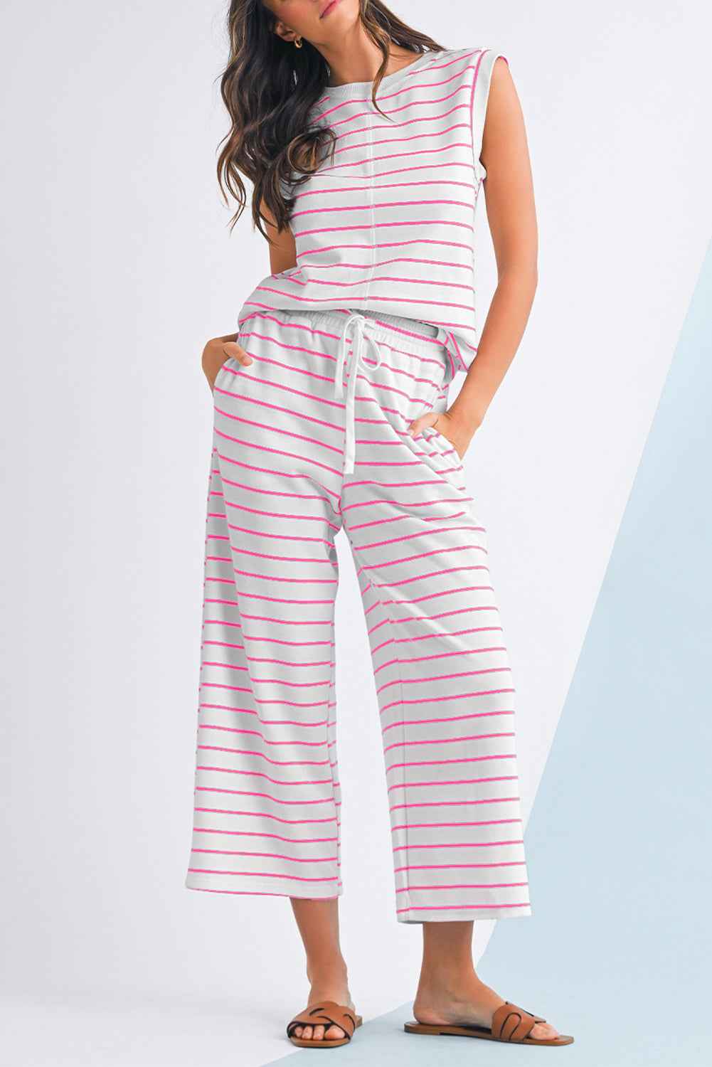 Sail Blue Casual Striped Tee and Wide Leg Pants Set Rose Stripe bc749d41667f702c