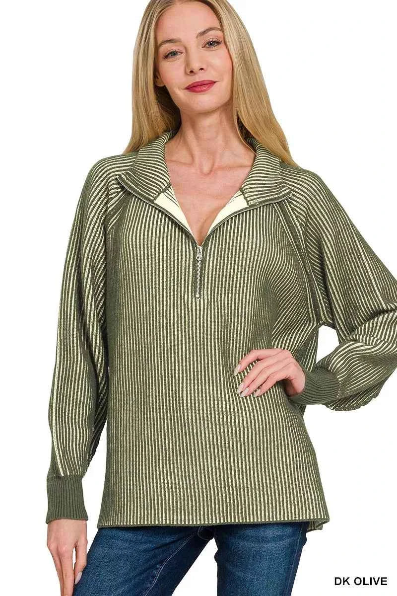 Zenana Ribbed Two Tone Half Zip Sweater bc9d1f5fc5654a8cb5e737d66783ab4e-Max-Origin