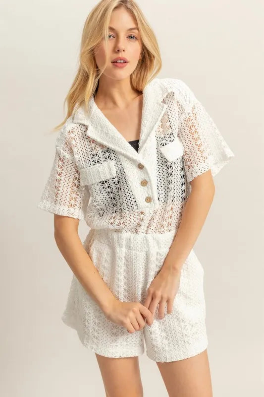 HYFVE Crochet Button Front Short Sleeve Romper White bca32b51-f2ef-4062-b610-17a1bb052014-Max