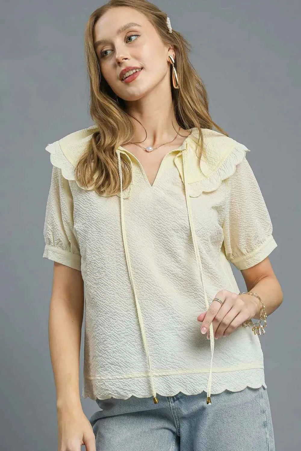 Umgee Peter Pan Collar Short Sleeve Blouse Cream bca75104-07ca-4cd8-9f38-ac4aa6df33be-Max-Origin