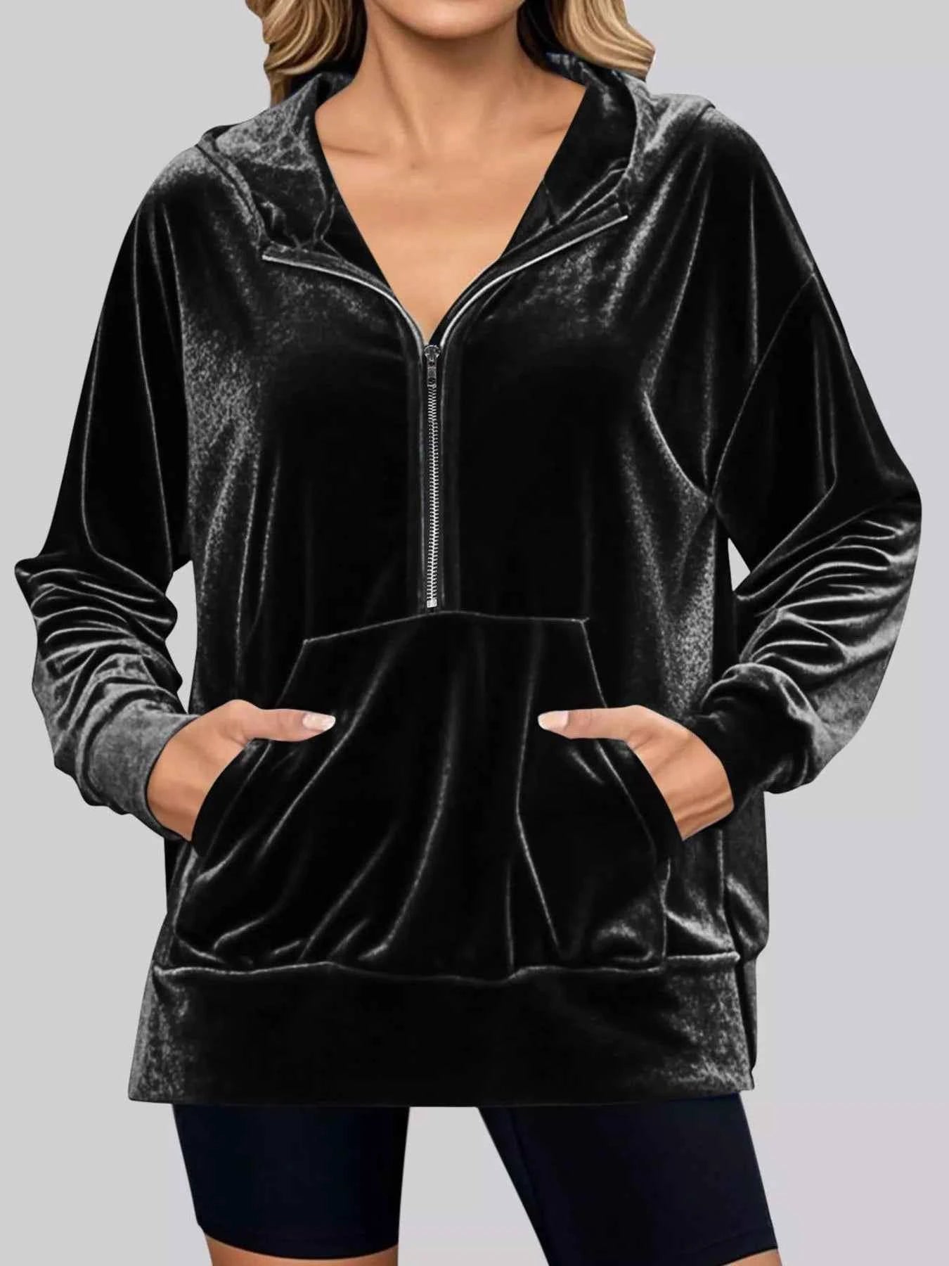 Full Size Half Zip Kangaroo Pocket Hoodie Plus Size Black bcbfad77-6066-4610-aed0-efdeacb75a9c-Max-Origin