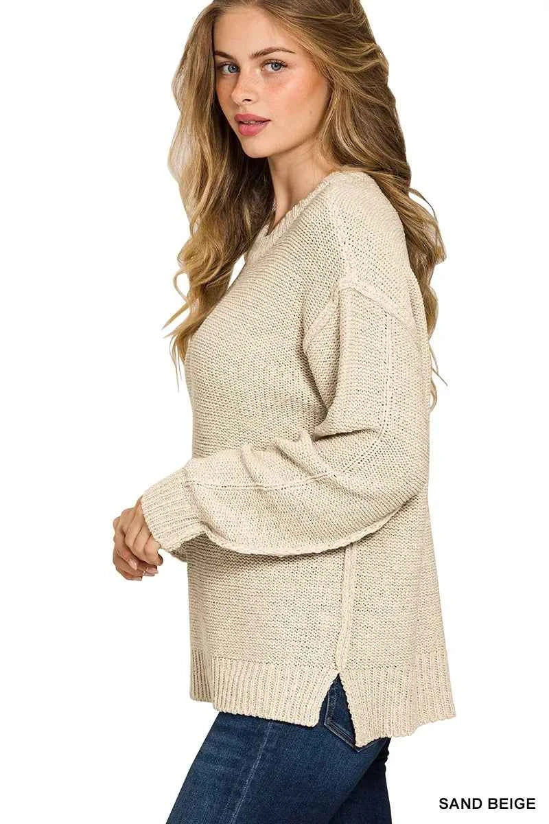 Zenana Exposed Seam Round Neck Sweater bcf2943fb40a4502ace99b43210b2d3a-Max-Origin