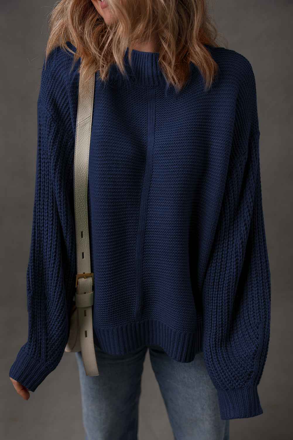 Dirty blue Solid Color Front Seam Drop Shoulder Loose Sweater Dirty blue 60%Cotton+40%Acrylic bcf457f51feddce6